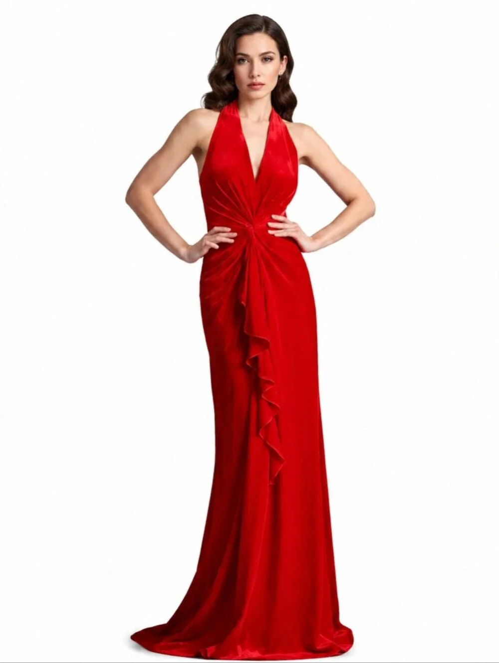 vintage red halter dress Modern Junior 1970's Vintage Halter Cherry Red Velour Terry Cloth Women's Maxi Dress Size Small